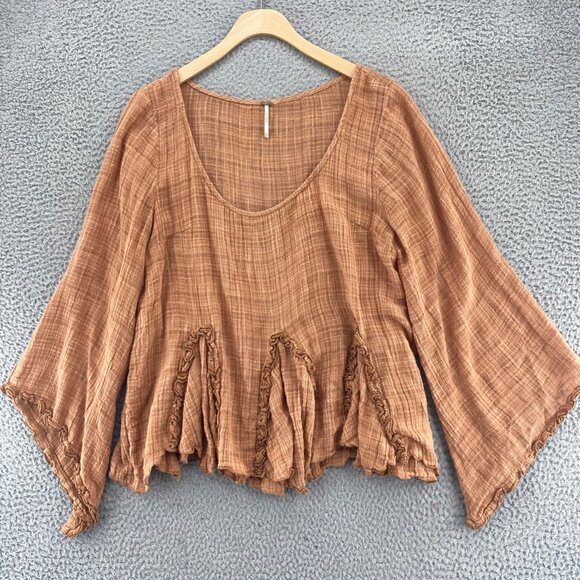 Free People Top Womens Large Brown 3/4 Angel Sleeves Ruffled Godet Gauzy Boho - Picture 1 of 10